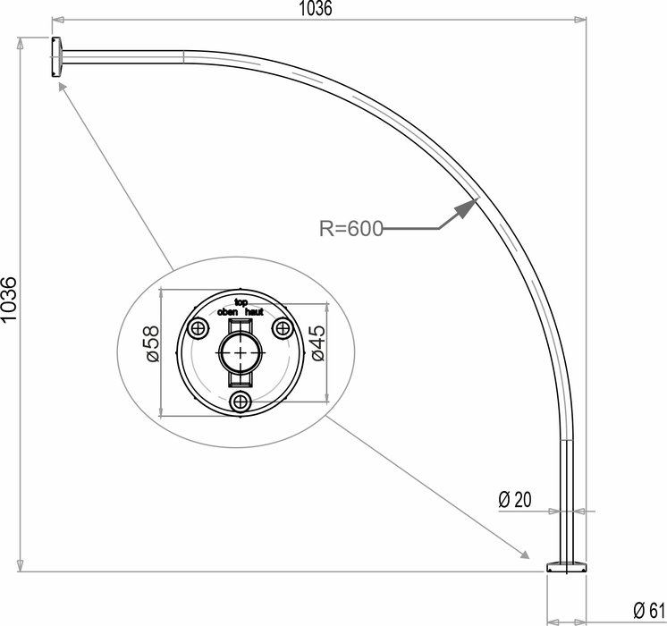 Tringle de douche quart de cercle