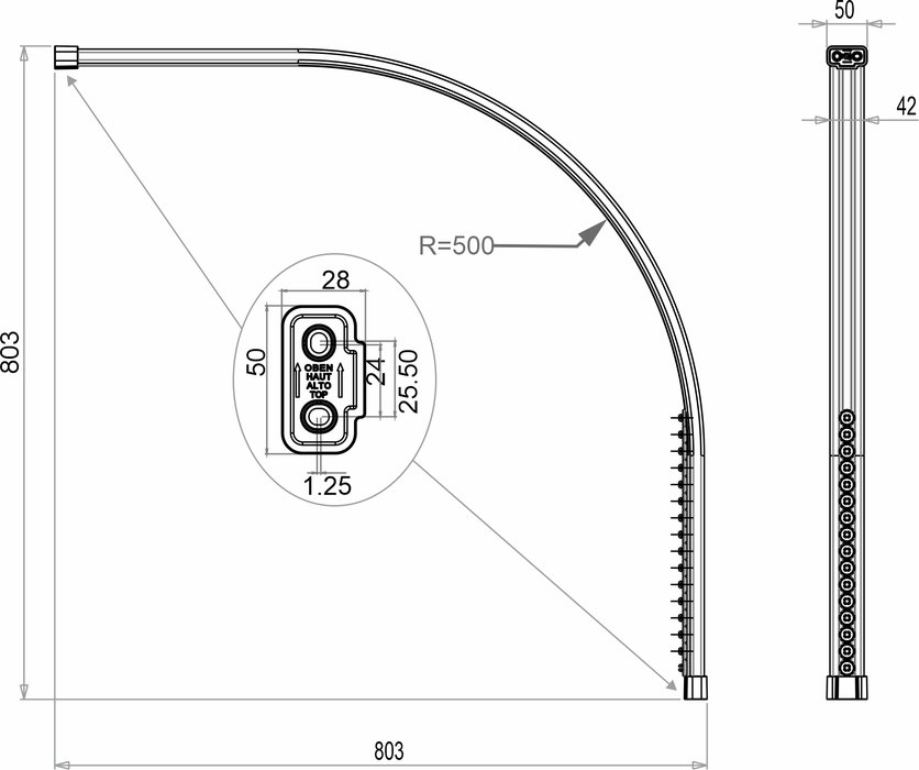 Shower curtain rail, quarter circle C-shaped