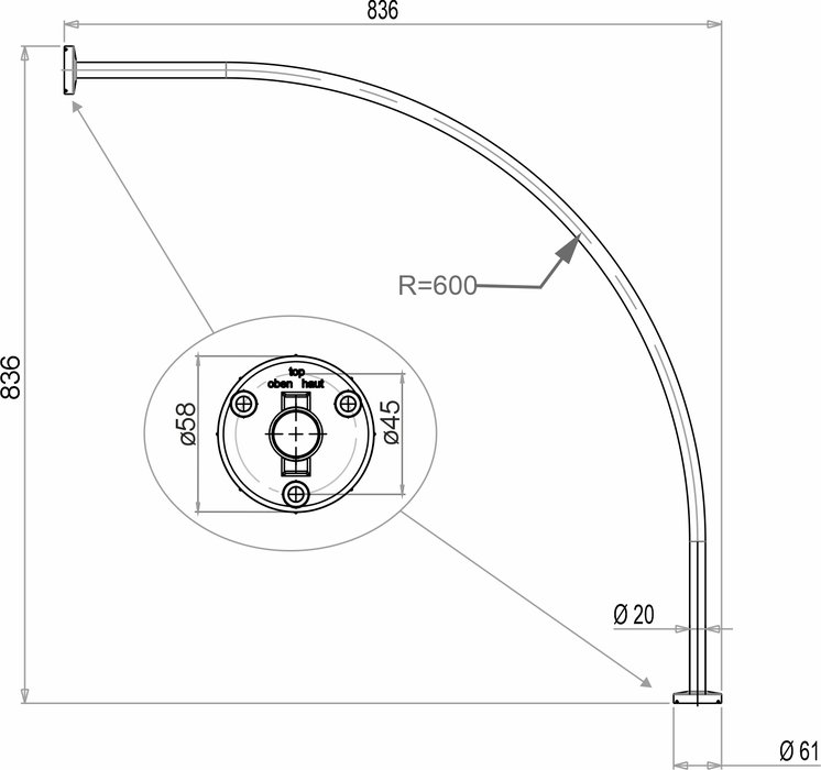 Shower curtain rod, quarter circle