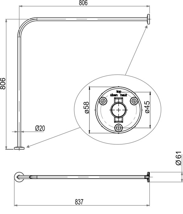 Tringle de douche modèle L, ajustable