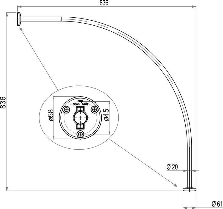 Tringle de douche quart de cercle