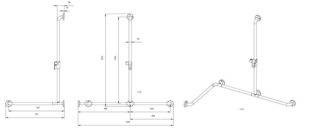 Main courante d'angle en T support de douche