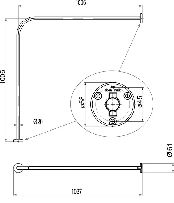 Tringle de douche modèle L, ajustable